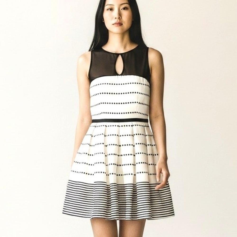 Taylor Black White Mesh Keyhole Back Fit Flare Dress Pockets Sleeveless Sz 10